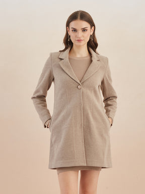 Latin Quarters Women Beige Solid Full Sleeves Lapel Neck Long Coat for Casual Occasion