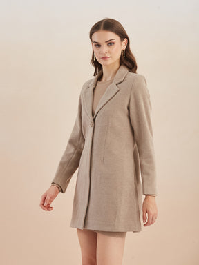 Latin Quarters Women Beige Solid Full Sleeves Lapel Neck Long Coat for Casual Occasion