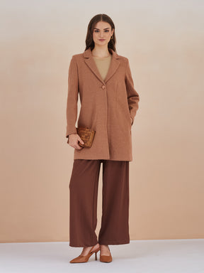 Latin Quarters Women Brown Solid Full Sleeves Lapel Neck Long Coat for Casual Occasion