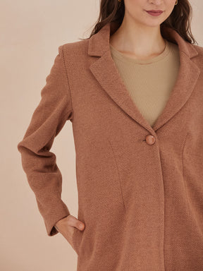 Latin Quarters Women Brown Solid Full Sleeves Lapel Neck Long Coat for Casual Occasion