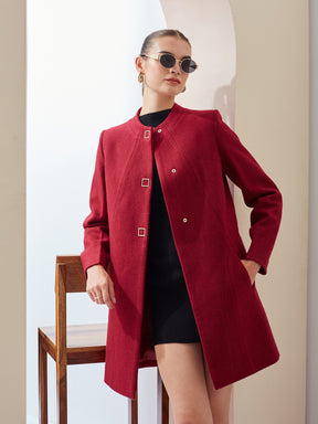 Latin Quarters Women Maroon Solid Mandarin Collar Full Sleeve Casual A-Line Coat