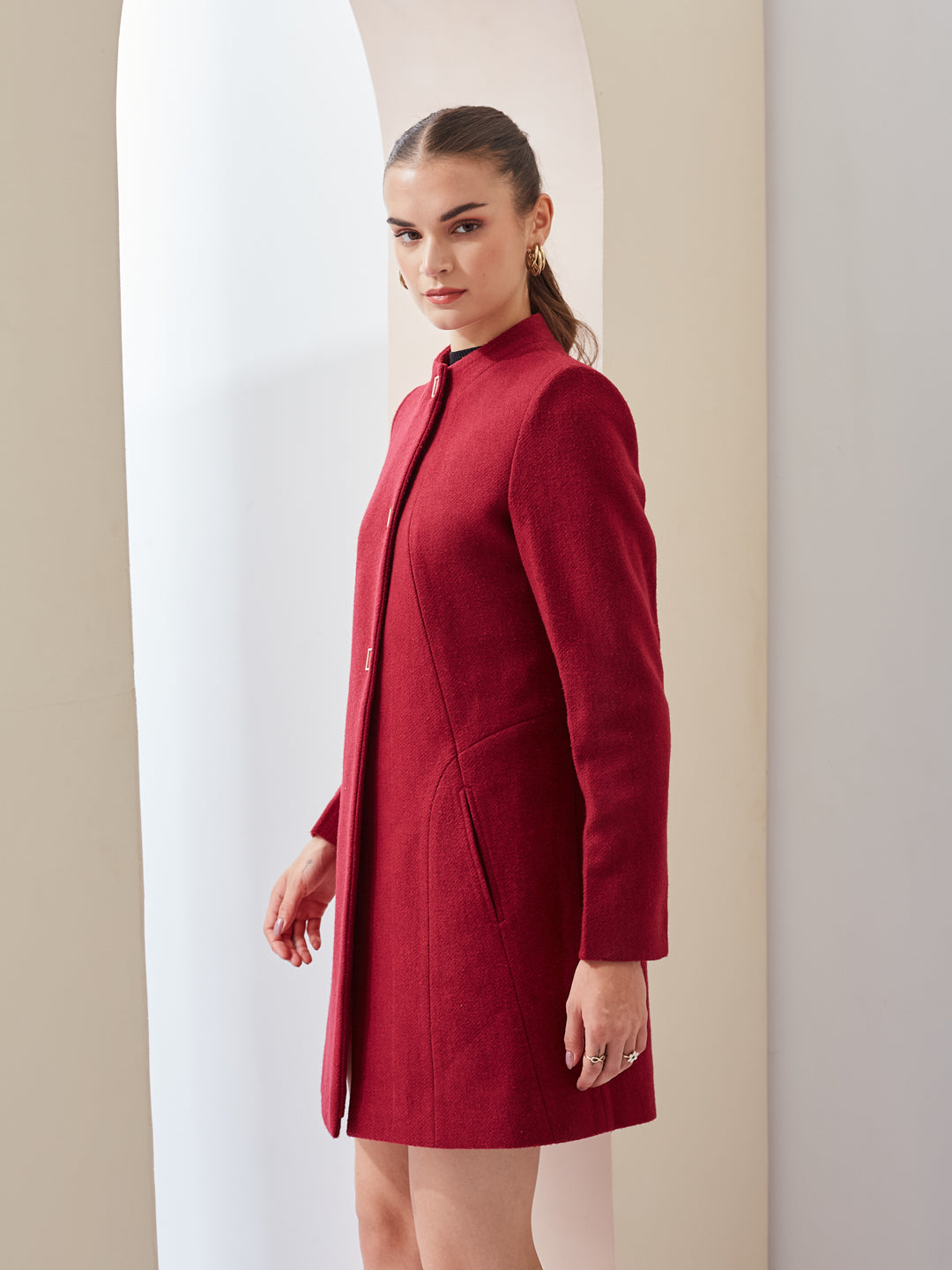 Latin Quarters Women Maroon Solid Mandarin Collar Full Sleeve Casual A-Line Coat