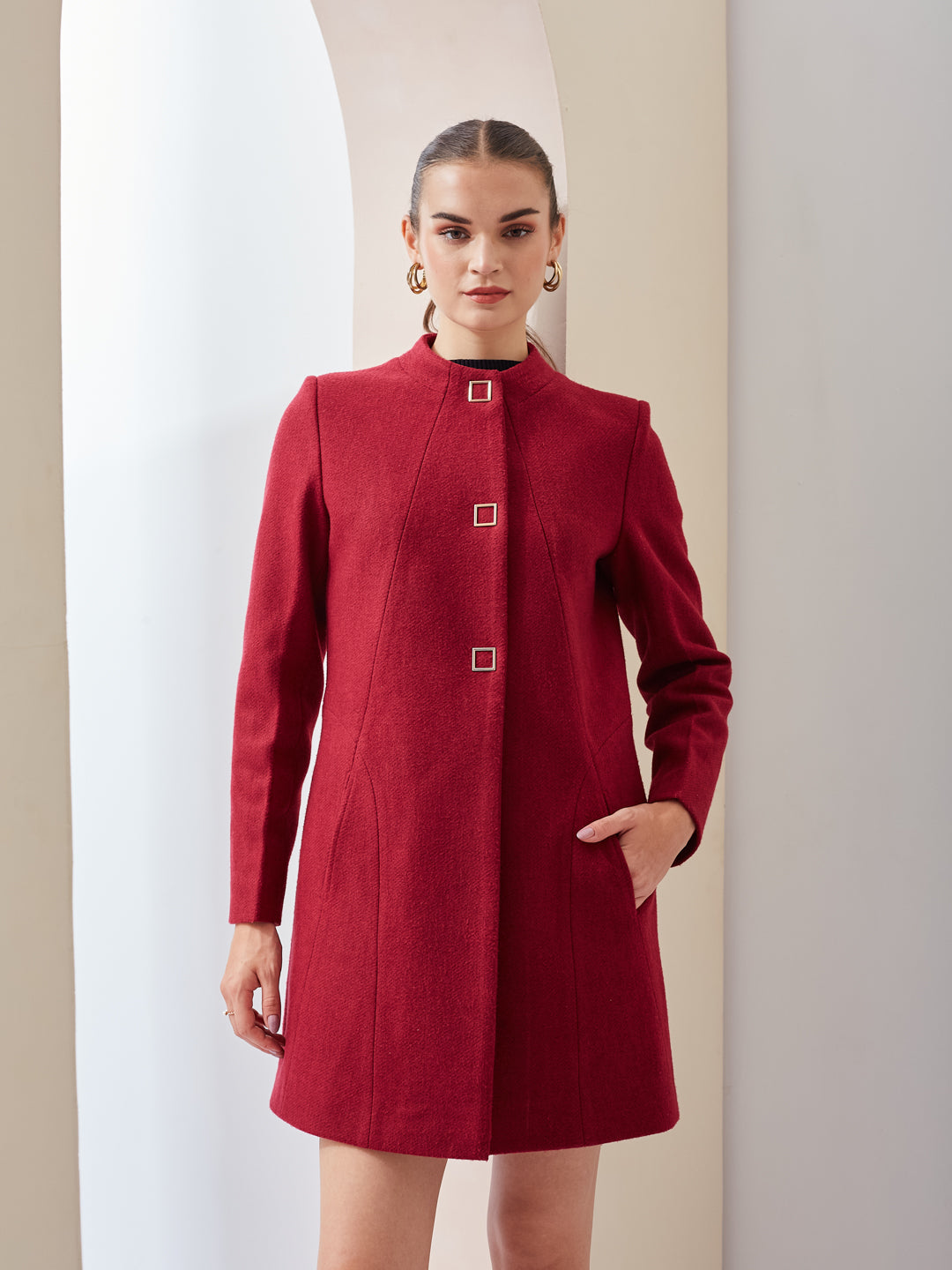 Latin Quarters Women Maroon Solid Mandarin Collar Full Sleeve Casual A-Line Coat