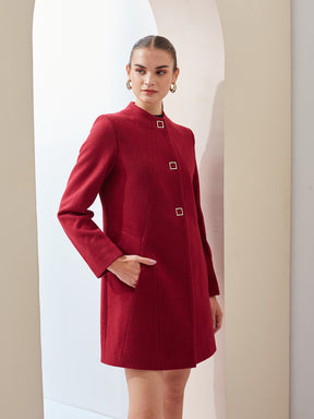 Latin Quarters Women Maroon Solid Mandarin Collar Full Sleeve Casual A-Line Coat