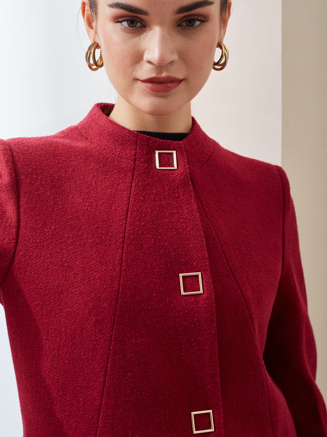 Latin Quarters Women Maroon Solid Mandarin Collar Full Sleeve Casual A-Line Coat