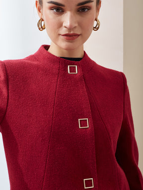 Latin Quarters Women Maroon Solid Mandarin Collar Full Sleeve Casual A-Line Coat