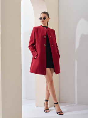 Latin Quarters Women Maroon Solid Mandarin Collar Full Sleeve Casual A-Line Coat