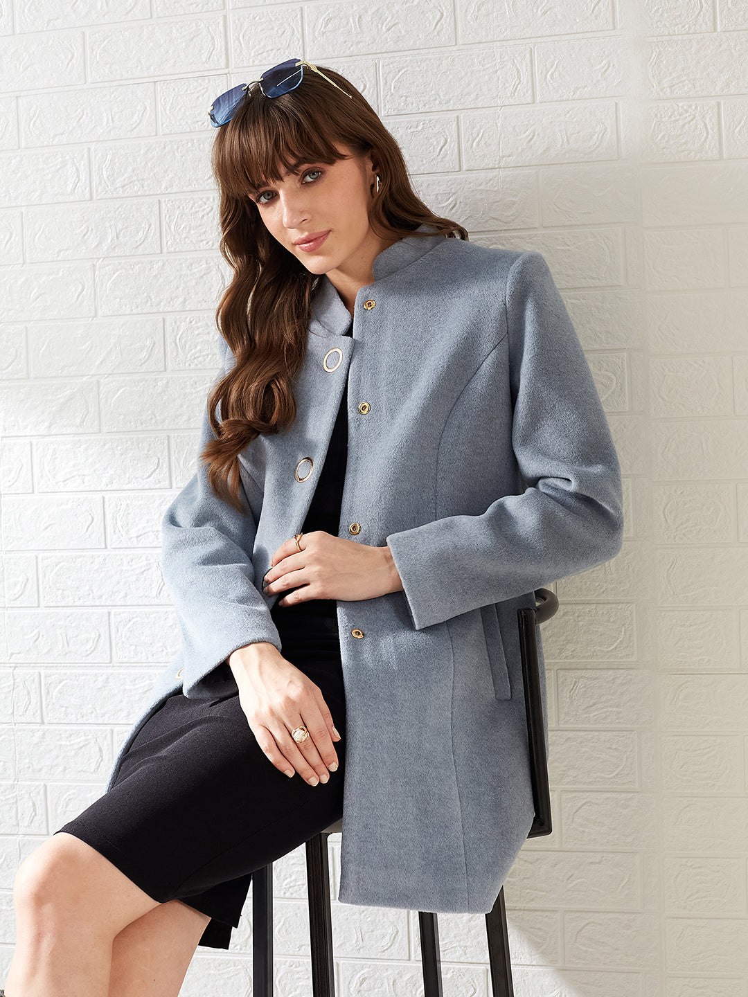Latin Quarters Women Light Blue Solid Mandarin Collar Full Sleeve Casual A-Line Coat