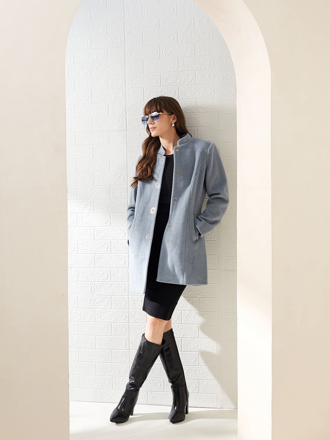 Latin Quarters Women Light Blue Solid Mandarin Collar Full Sleeve Casual A-Line Coat