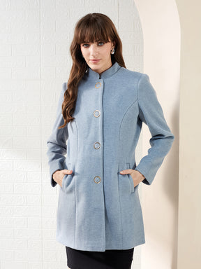 Latin Quarters Women Light Blue Solid Mandarin Collar Full Sleeve Casual A-Line Coat