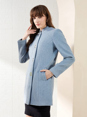 Latin Quarters Women Light Blue Solid Mandarin Collar Full Sleeve Casual A-Line Coat