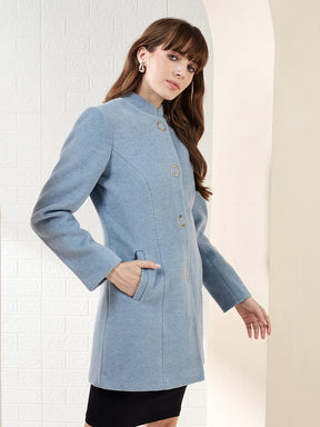 Latin Quarters Women Light Blue Solid Mandarin Collar Full Sleeve Casual A-Line Coat