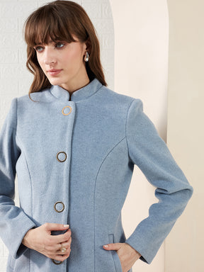Latin Quarters Women Light Blue Solid Mandarin Collar Full Sleeve Casual A-Line Coat