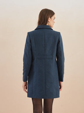 Latin Quarters Women Blue Solid Full Sleeves Lapel Neck Long Coat for Casual Occasion