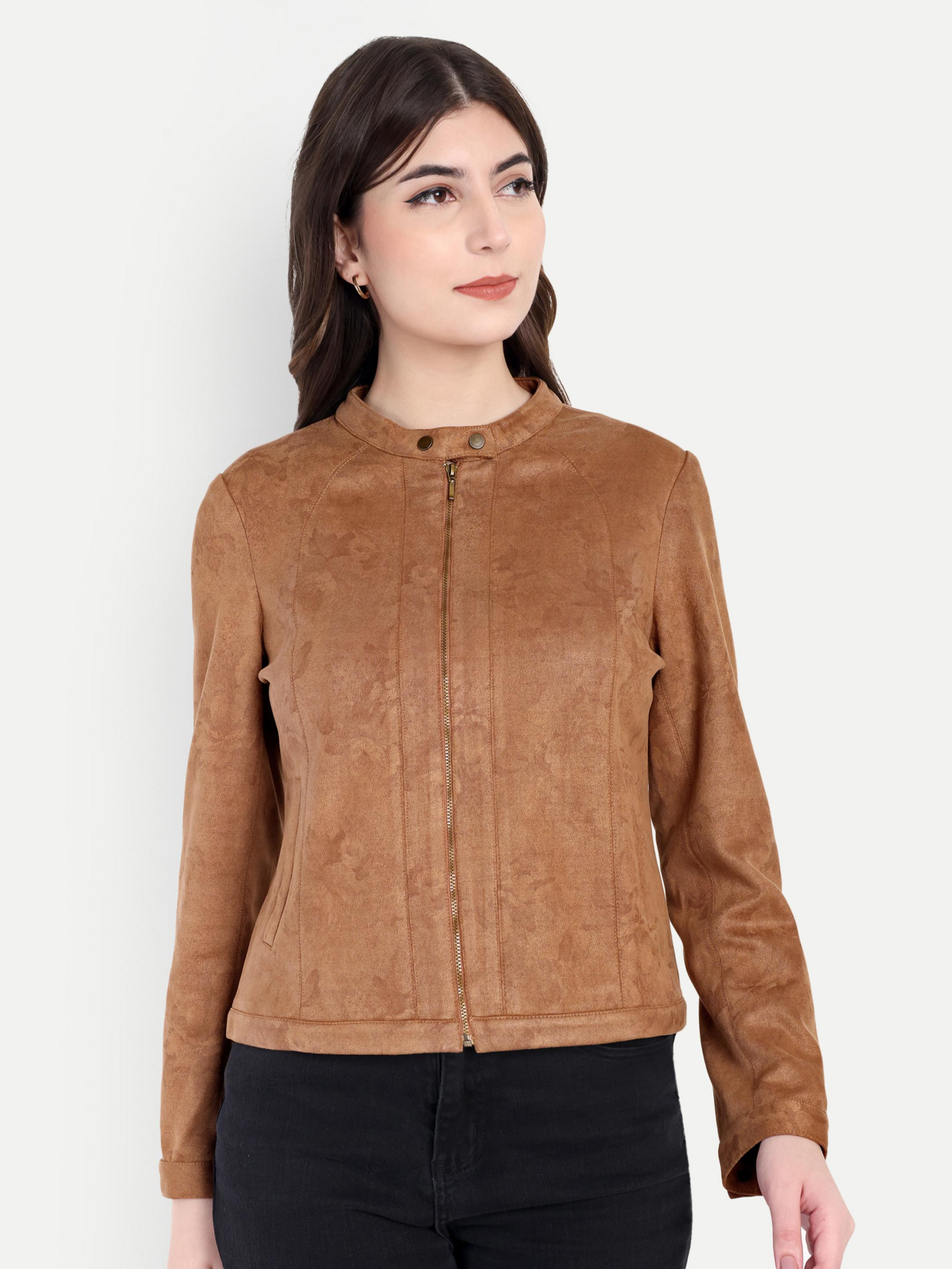 Latin Quarters Women Brown Solid Collar Full Sleeve Casual Biker Jacket