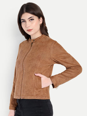 Latin Quarters Women Brown Solid Collar Full Sleeve Casual Biker Jacket