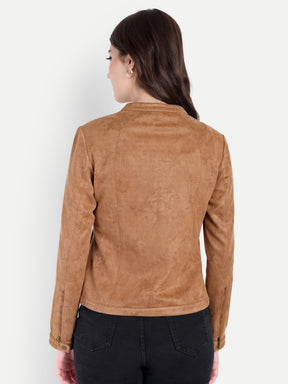 Latin Quarters Women Brown Solid Collar Full Sleeve Casual Biker Jacket