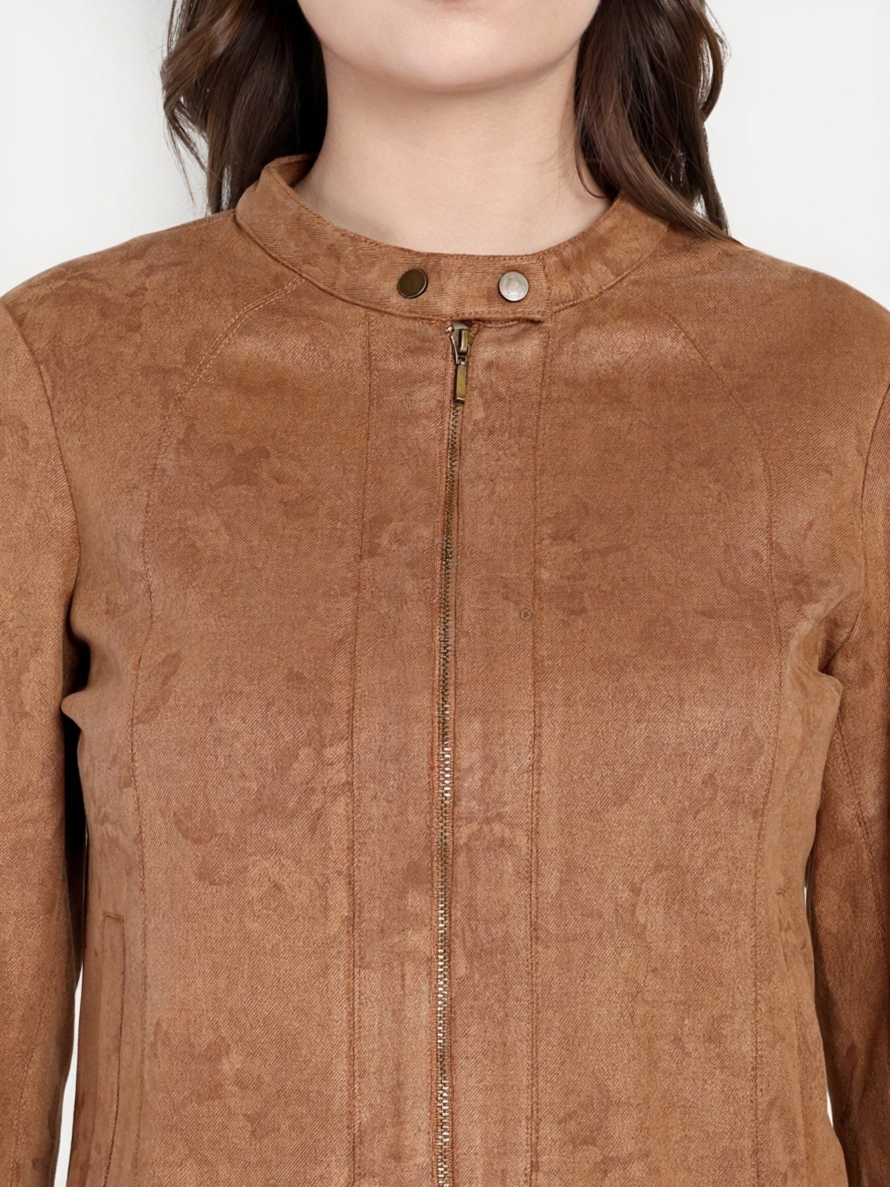Latin Quarters Women Brown Solid Collar Full Sleeve Casual Biker Jacket