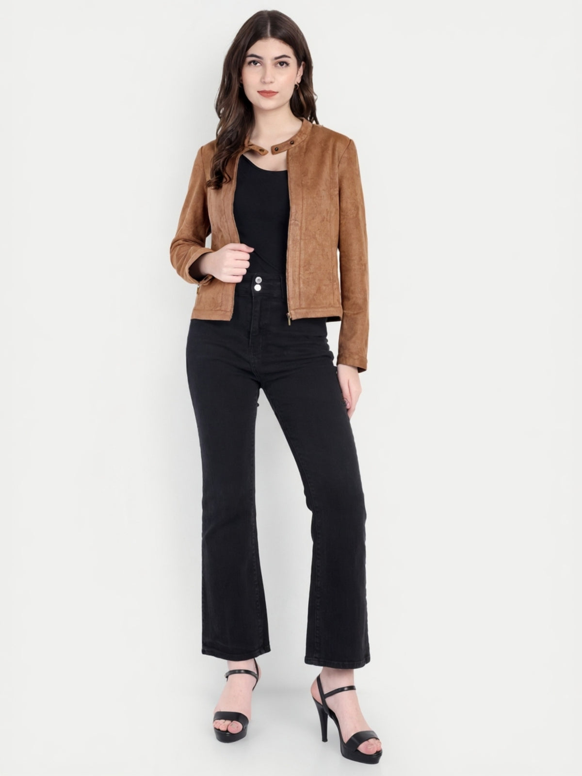 Latin Quarters Women Brown Solid Collar Full Sleeve Casual Biker Jacket