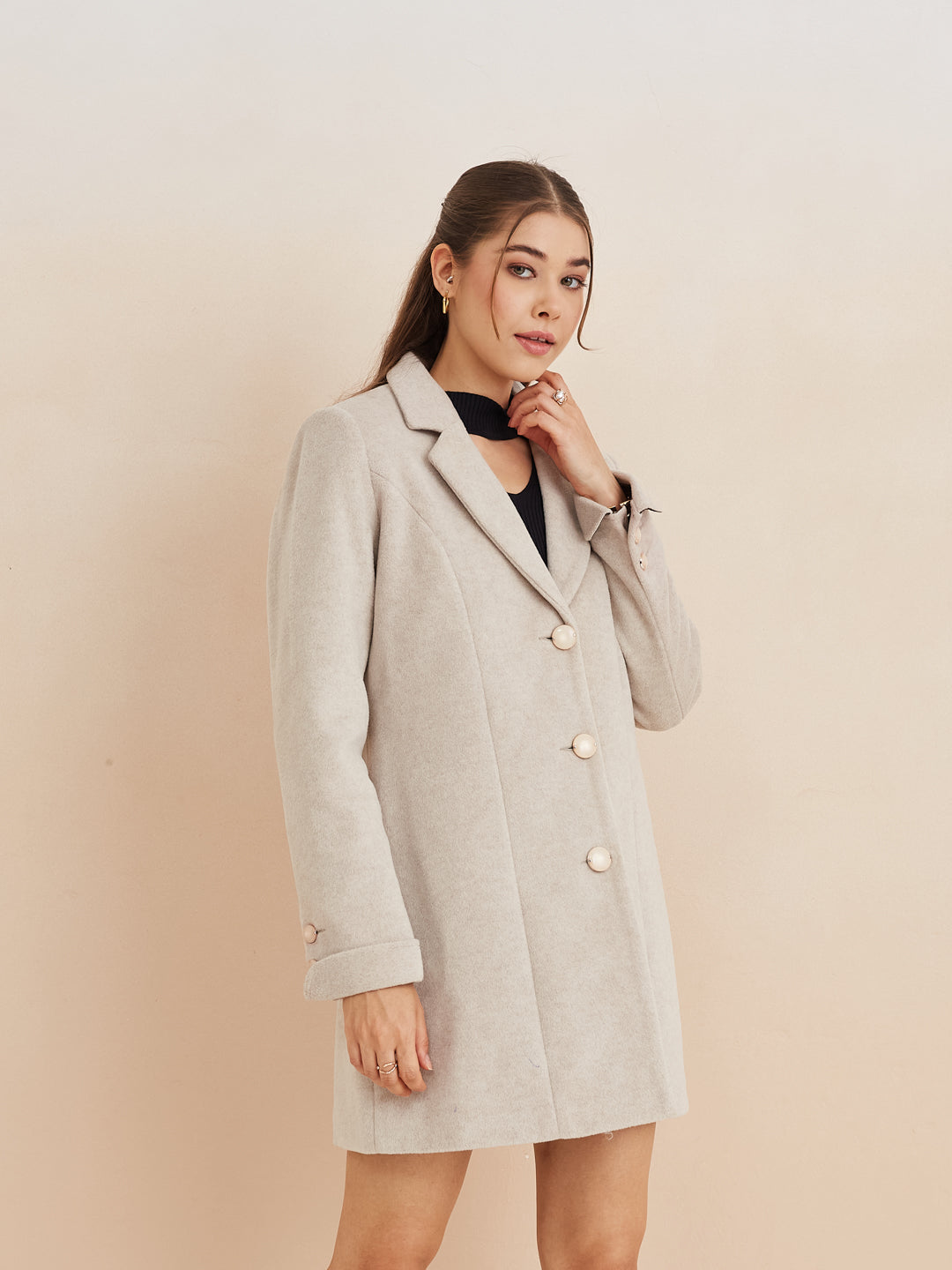 Latin Quarters Women'S Beige Collar Neck Full Sleeves Solid Casual Coat