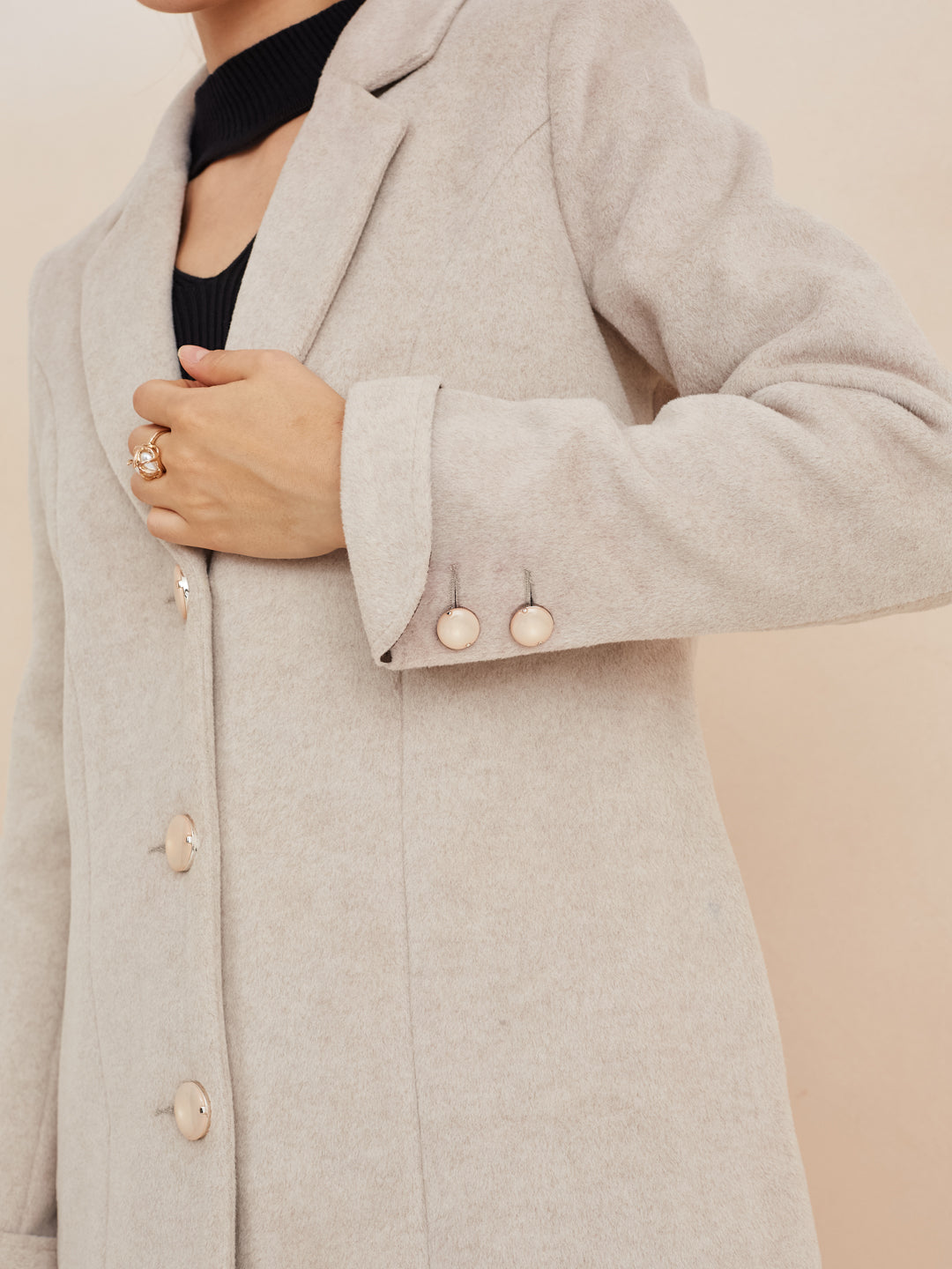 Latin Quarters Women'S Beige Collar Neck Full Sleeves Solid Casual Coat