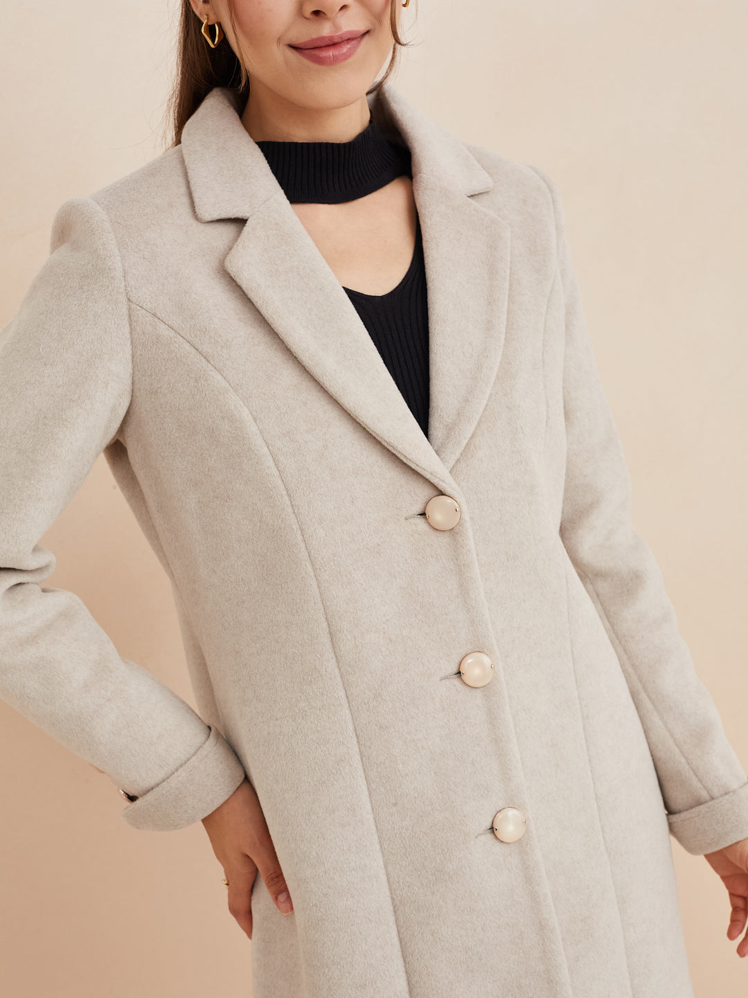 Latin Quarters Women'S Beige Collar Neck Full Sleeves Solid Casual Coat
