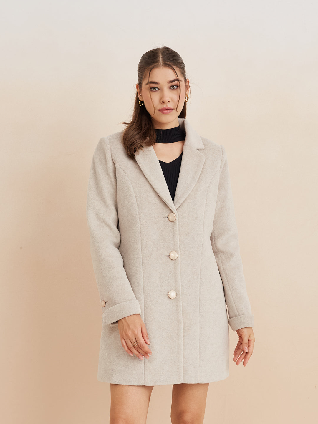 Latin Quarters Women'S Beige Collar Neck Full Sleeves Solid Casual Coat