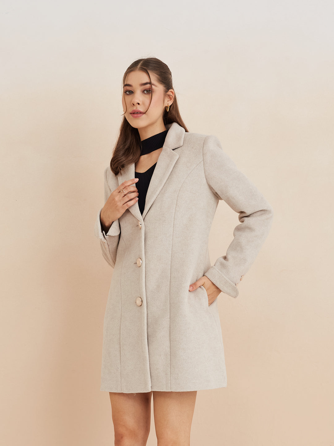 Latin Quarters Women'S Beige Collar Neck Full Sleeves Solid Casual Coat