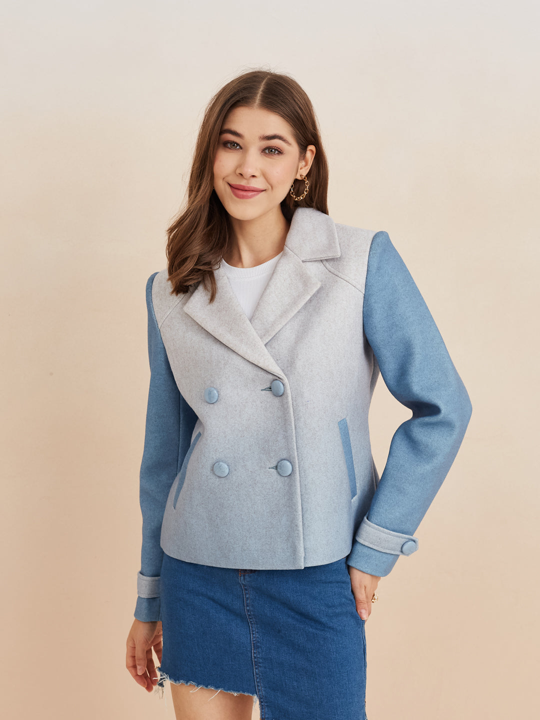 Latin Quarters Women'S Blue Collar Neck Full Sleeves Solid Casual Coat
