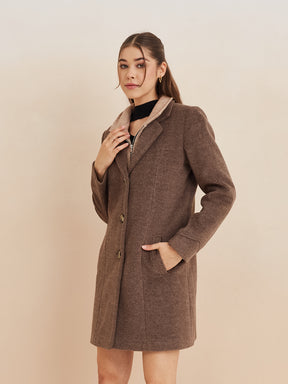 Latin Quarters Women'S Brown Collar Neck Full Sleeves Solid Casual Coat