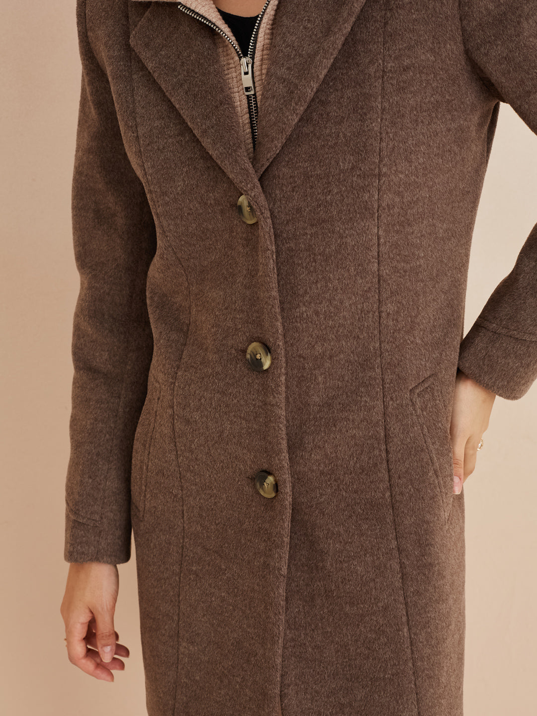 Latin Quarters Women'S Brown Collar Neck Full Sleeves Solid Casual Coat