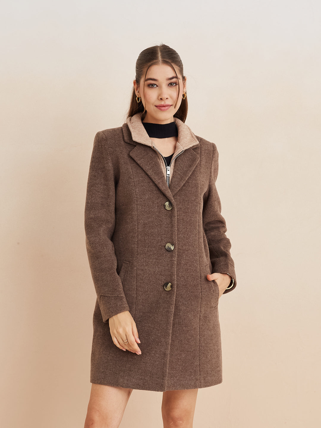 Latin Quarters Women'S Brown Collar Neck Full Sleeves Solid Casual Coat