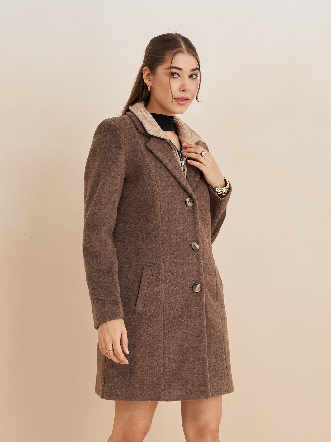 Latin Quarters Women'S Brown Collar Neck Full Sleeves Solid Casual Coat
