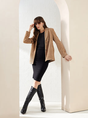 Latin Quarters Women Light Brown Ribbed Collar Full Sleeve Casual Blazer