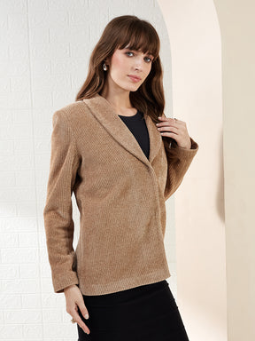 Latin Quarters Women Light Brown Ribbed Collar Full Sleeve Casual Blazer