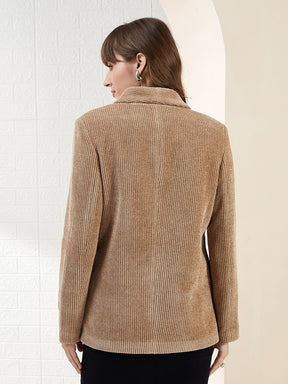 Latin Quarters Women Light Brown Ribbed Collar Full Sleeve Casual Blazer