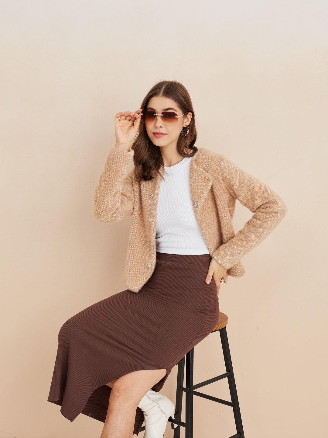 Latin Quarters Women'S Beige Round Neck Full Sleeves Solid Casual Jacket