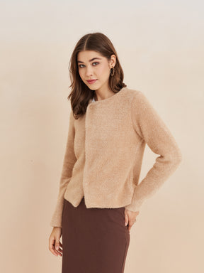 Latin Quarters Women'S Beige Round Neck Full Sleeves Solid Casual Jacket