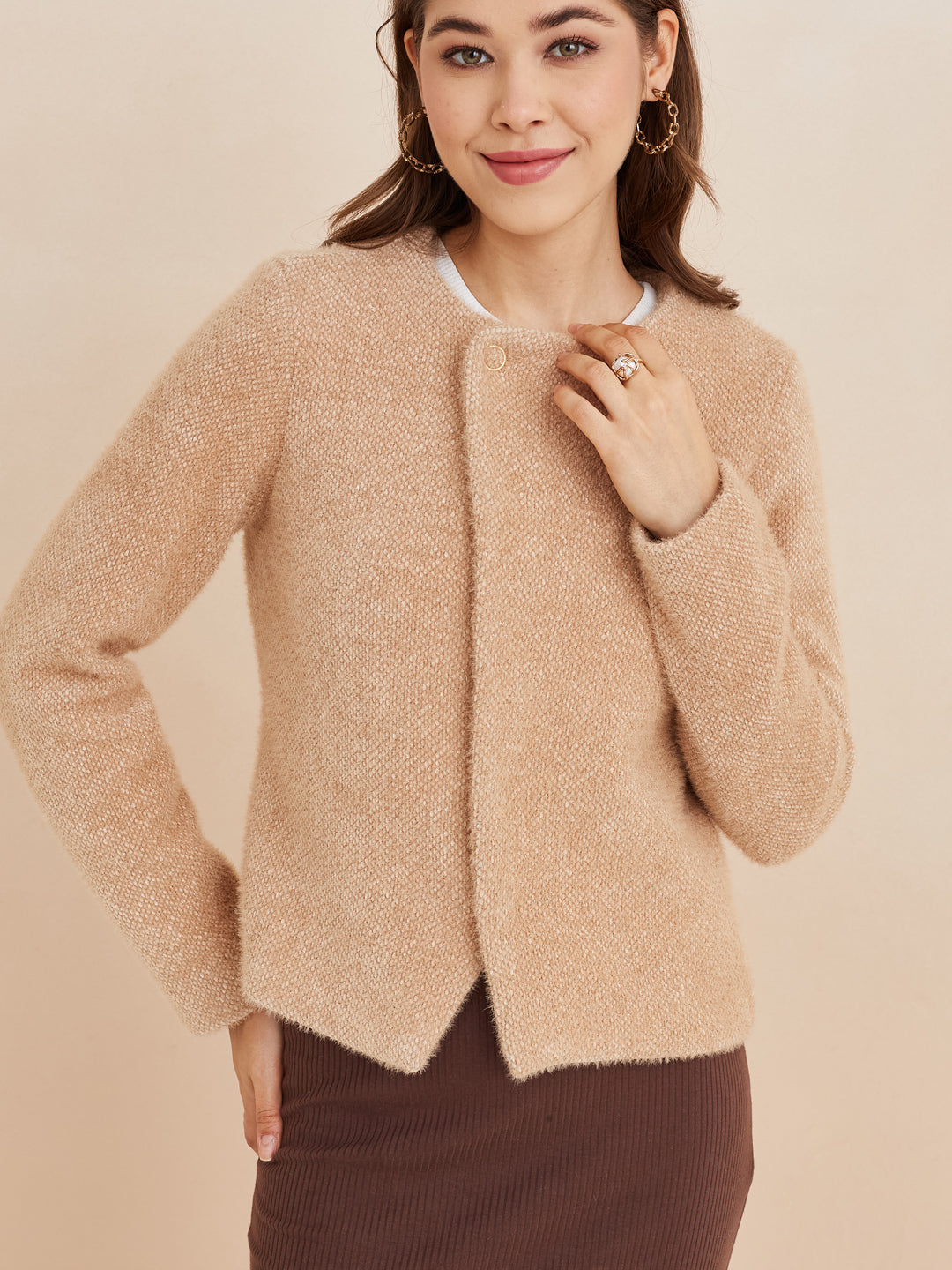 Latin Quarters Women'S Beige Round Neck Full Sleeves Solid Casual Jacket