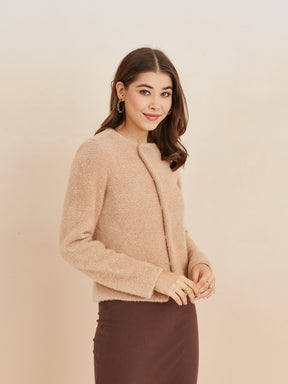 Latin Quarters Women'S Beige Round Neck Full Sleeves Solid Casual Jacket