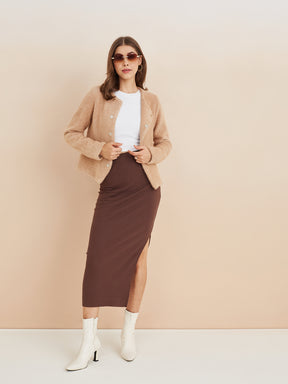 Latin Quarters Women'S Beige Round Neck Full Sleeves Solid Casual Jacket