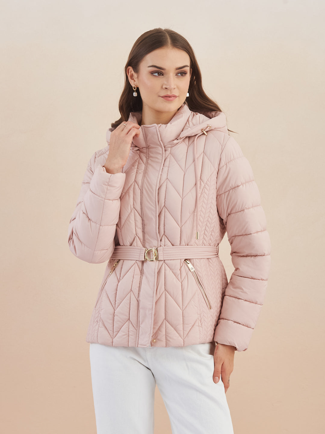 Latin Quarters Women'S Pink Hooded Full Sleeves Self Design Casual Puffer Jacket