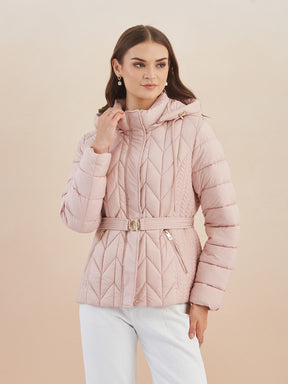 Latin Quarters Women'S Pink Hooded Full Sleeves Self Design Casual Puffer Jacket