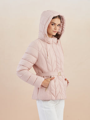 Latin Quarters Women'S Pink Hooded Full Sleeves Self Design Casual Puffer Jacket
