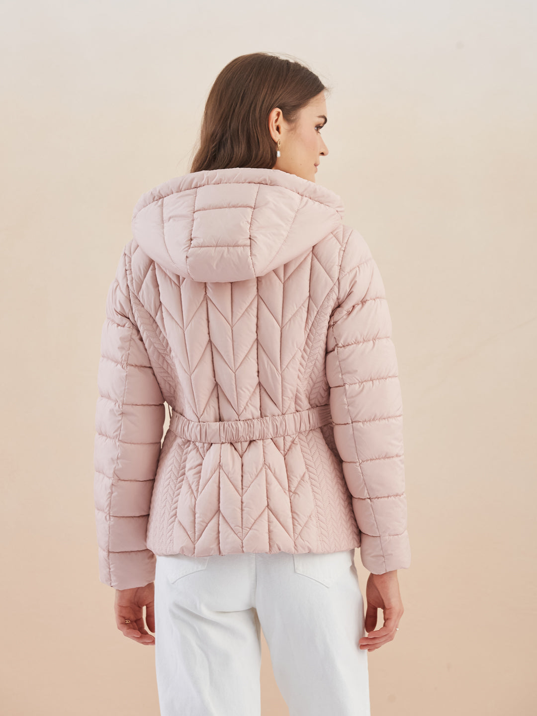Latin Quarters Women'S Pink Hooded Full Sleeves Self Design Casual Puffer Jacket