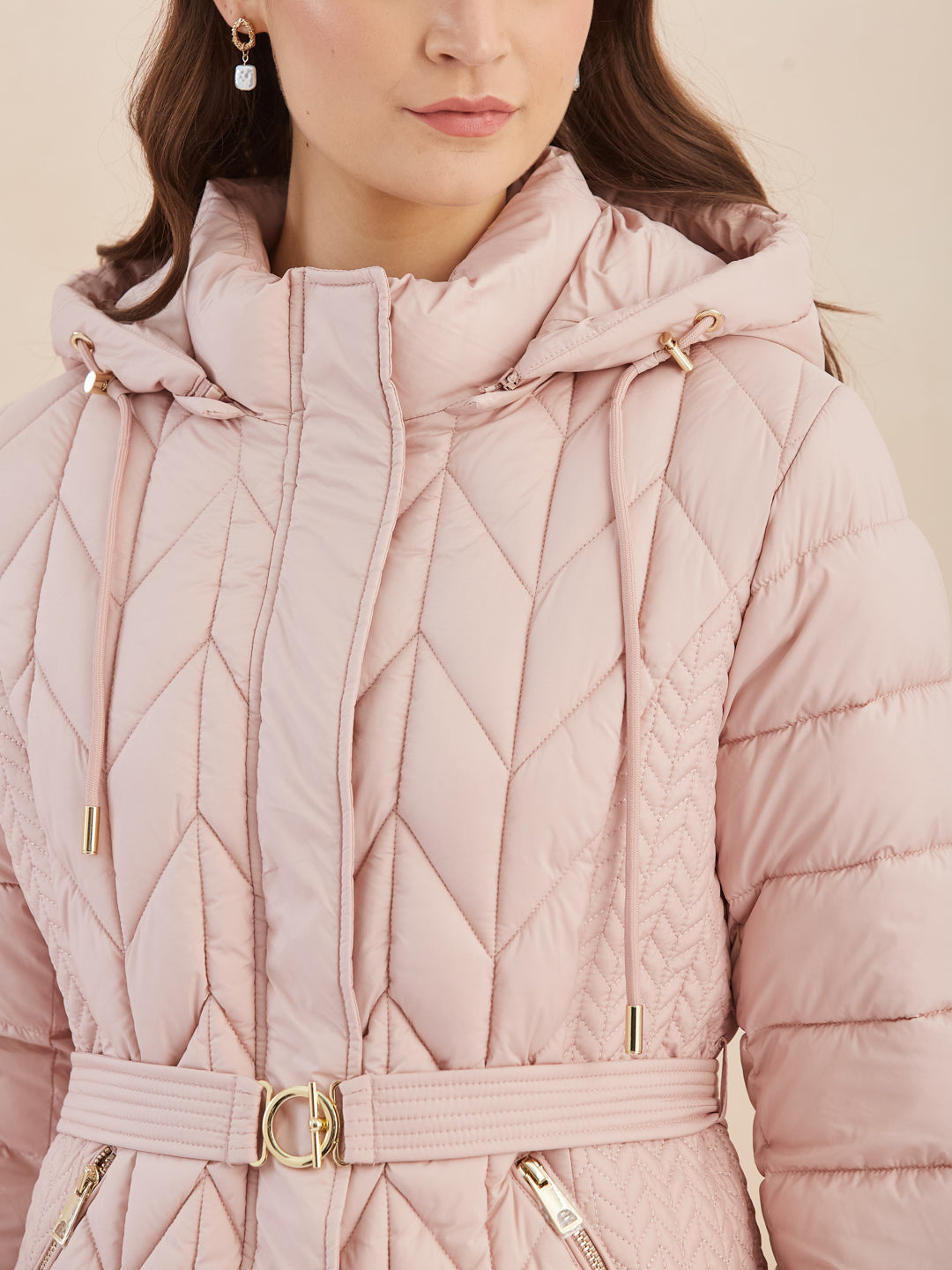 Latin Quarters Women'S Pink Hooded Full Sleeves Self Design Casual Puffer Jacket