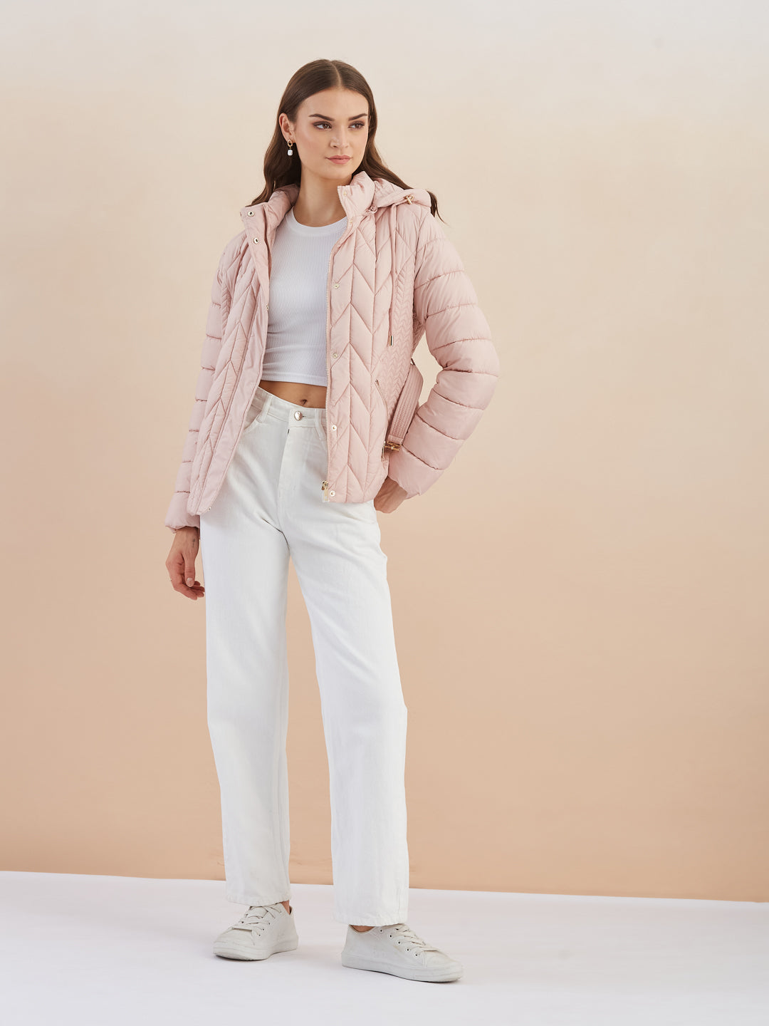 Latin Quarters Women'S Pink Hooded Full Sleeves Self Design Casual Puffer Jacket