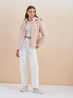 Latin Quarters Women'S Pink Hooded Full Sleeves Self Design Casual Puffer Jacket