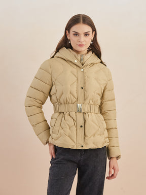 Latin Quarters Women'S Beige Hooded Full Sleeves Self Design Casual Puffer Jacket