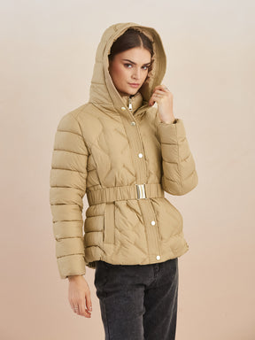 Latin Quarters Women'S Beige Hooded Full Sleeves Self Design Casual Puffer Jacket